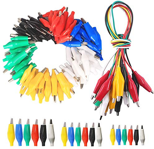 GTIWUNG 90Pcs 28/35/45mm Crocodile Clip, Pinzas de Clip de Cocodrilo con la cubierta de aislamiento protectora + 10Pcs Cocodrilo Cable Puente de Doble Final de 35cm