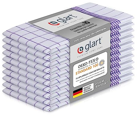 Glart 48KV2 Geschirrtücher Set – 10 Stück à 50x70 cm – 100 % Baumwolle – 300 GSM – Oeko-TEX Zertifiziert – Lila kariert – Küchenhandtücher waschbar & saugstark