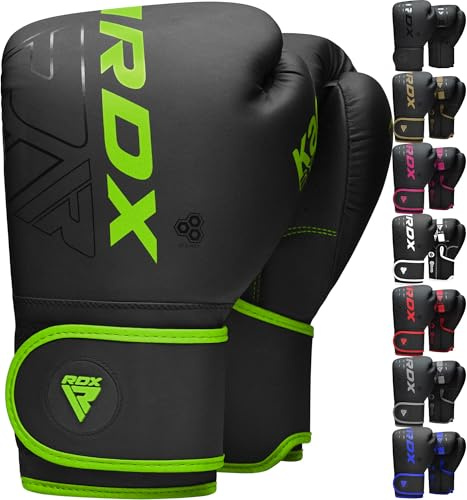 RDX Kinder Boxhandschuhe für Muay Thai Kickboxen Sparring, Maya Hide Leder Kara Junior Boxing Gloves, Sandsack Boxsack Punchinghandschuhe, Kickboxhandschuhe MMA Kampfsport Training Schwarz 6oz