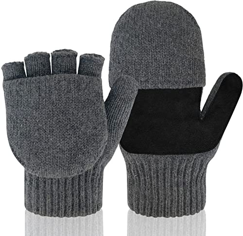 Migliore Wear Guanti invernali convertibili per uomo e donna, guanti di lana ispessiti e interni Thinsulate, guanti termici con palmo in pelle antiscivolo, touch screen, caldi