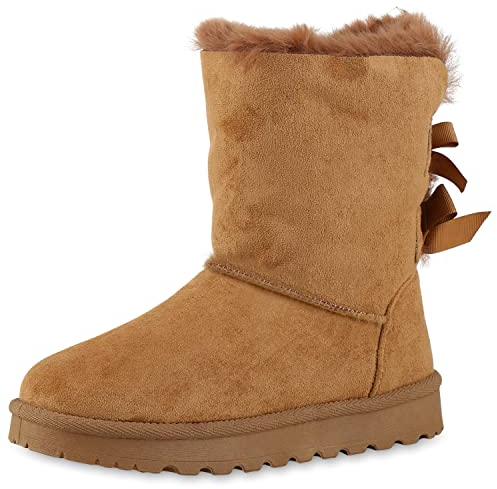 VAN HILL Damen Warm Gefütterte Winter Boots Stiefeletten Bequeme Kunstfell Schuhe Flache Schleifen Stiefel Profilsohle Booties 209779 Hellbraun 37