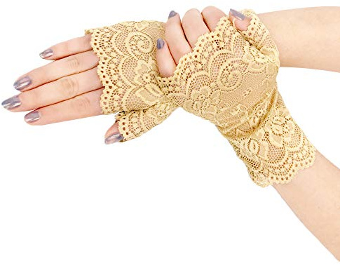 PTNKUIIY Damen Spitzen Handschuhe Gelb Kurz Blumen Muster Fingerlos Fahrhandschuhe UV Schutz 1920er Jahre Kostüm Braut Hochzeit Opera Fest Party Fasching Accessoires