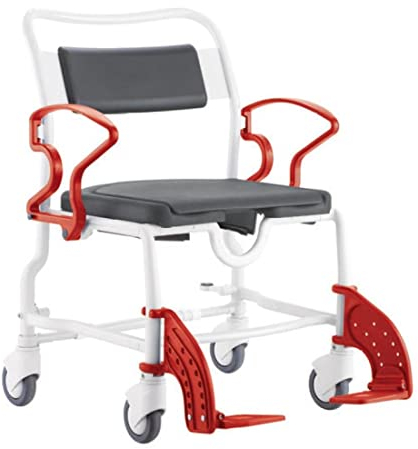 FabaCare Toilettenrollstuhl Duschrollstuhl Chicago XXL, bis 200 kg, made in Germany, Premium Toilettenstuhl, Duschstuhl fahrbar, Rollstuhl mit WC Eimer, Grau-Feuerrot