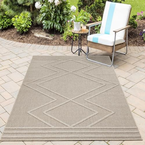 HomebyHome In & Outdoor Bouclé Teppich wetterfest Beige 140x200 cm Skandinavische Boho Design 3D Hoch Tief Effekt geeignet für Küche Wohnzimmer oder Terrasse
