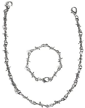 Yowablo Silberdraht Dornen Set Armband Gothic Unisex Punk Halskette Stacheldraht Halsketten Anhänger Ketten Schmierung