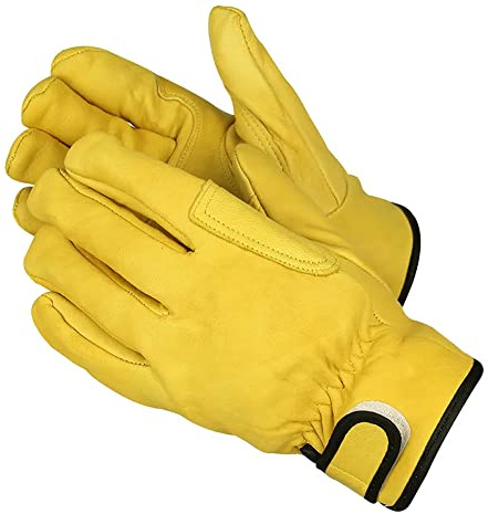Gants de Travail en Cuir, Sélectionnés pour Leur Excellent Tissu et Leur Coupe Flexible Avec Fermeture Auto Agrippante, Un Outil de Protection pour Le Travail Quotidien dans Le Jardin(Jaune XXL)