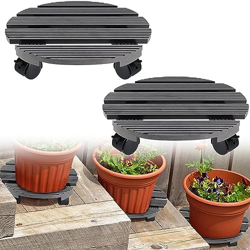 AufuN 30 x 30 cm WPC Pflanzenroller Blumenroller Untersetzer | Rollbrett Pflanzen mit PP-Räder, Kübelroller für Außenbereich und Innenbereich Dunkelgrau Rund, 2 Stück