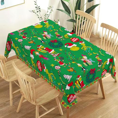 Heyfary Tovaglia natalizia con elfi verdi Grinchmas, decorazione invernale per feste, casa, cucina, sala da pranzo, rettangolare, decorazione per tavolo (verde, 152 x 213 cm)