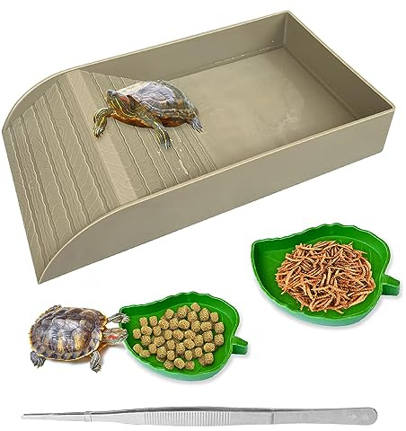 NGORAY Tortoise Feeding Dish with Ramp and Basking-Platform - Leaf Tortoise Water Food Bowls, Reptile Water Dish Amphibians Habitat, Reptile Water Bowl Fit for Amphibians with Forcep Cleaning Clip