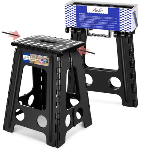 ACKO Folding Step Stool Foldable 17.5 Inch 400 lbs Capacity, Plastic Stools for Adults and Kids, Collapsible Stools for Kitchen, Stepping Stool with Handle (Black)