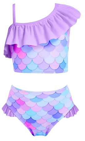 Arshiner Bikini Costume da Bagno per Ragazze Sirena Tankini Maniche con Volant Costume da Bagno per Bambini Set Bikini Bustier Costumi da Bagno da Spiaggia Viola 10-11 Anni
