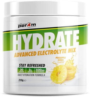 Per4m Hydration Electrolyte Mix, hidratación rápida, electrolitos esenciales, recuperación eficaz, ideal para mantener energía y rendimiento en deporte y actividad diaria – Pineapple Rings – 210g