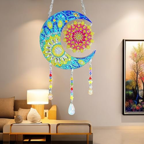 5D Diamond Painting Kits for Kids, Crystal Large Suncatcher Wind Chime Hanging Pendant Crafts,DIY Gem Art Paint Hanging Ornament for Home Garden Decor,Gift for Kids(Moon Flower)