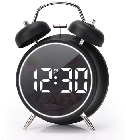 Digital Small Alarm Clock, 4.5 Inch Double Bell Electronic LED Alarm Clock, Plug in or Battery Operated Silent Metal Table Clock, Modern Loud Bedside Clock for Heavy Sleepers Adults Kids (Black)