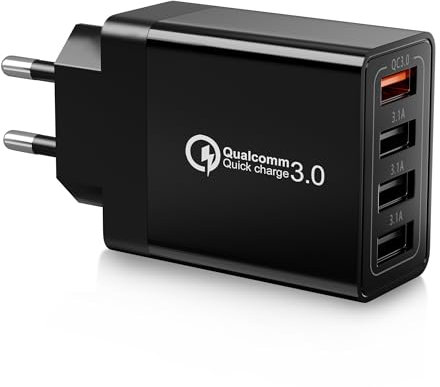 Kayshow Caricatore USB Multiplo, 4 Porte Caricatore Rapido USB da Muro 33W QC 3.0, Compatibile con iPhone 16/15/14/11/XS/8, Samsung Galaxy S21 S20 S10 A71 A55 A34 A15