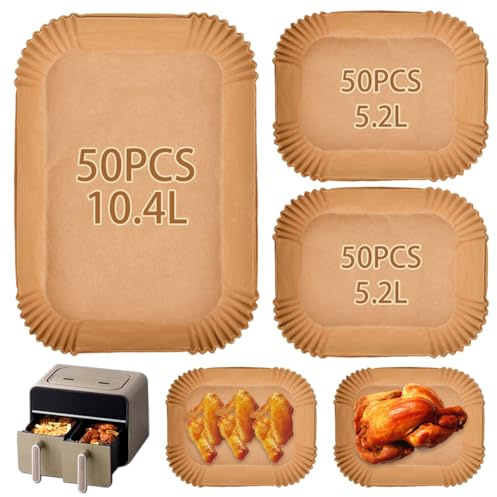 YOPEUC 150Pcs Backpapier für Heißluftfritteuse 5,2L-10,4L, BPA Frei Rechteckig Airfryer Papier Liners, Antihaftbeschichtete Einwegschalen Kompatibel mit Ninja Foodi FlexDrawer, Airfryer Backpapier