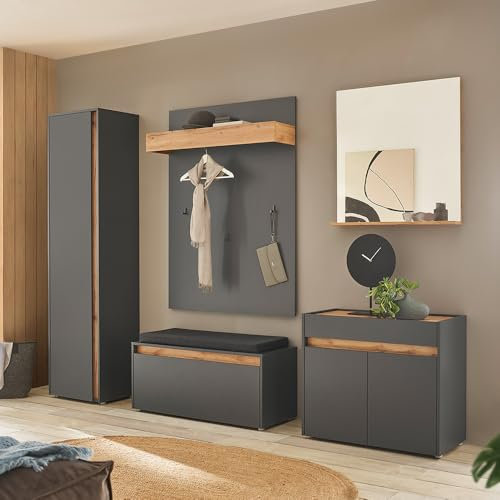 Lomadox Flur Garderoben Set in anthrazit mit Eiche, 5-teilig, Garderobenpaneel, Schuhbank, Garderobenschrank, Spiegel, Kommode, modern