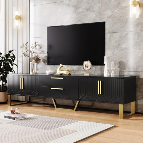 YEHTOKHOME Meuble TV Moderne avec 4 Portes de Placard et 2 Tiroirs, Meuble Tele Fond, Poignées et Pieds Dorés, pour Salon, Chambre à Coucher (Noir)