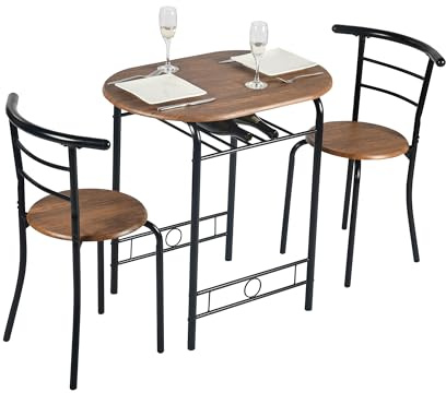 HOMYLIN 3-teiliges rundes Esstisch- und Stühle-Set (1 Tisch und 2 Stühle), Küchen-Essecke mit Aufbewahrungsregal für kleinen Raum, Frühstücksecke, Braun