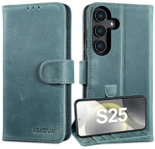 LENSUN Läderfodral för Samsung Galaxy S25, äkta läder mobiltelefonfodral [plånbok] [bookstyle] [stativfunktion] flip fodral mobilfodral för Galaxy S25 5G – retro blå