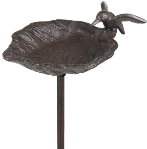 Vogeltränke auf Stab Gusseisen mit Kolibri Deko Schale für Garten Terrasse Balkon 99 cm hoch braun Antikstil Wetterfest Insektenbad Wasserschale Gartendeko