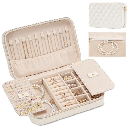 Lolalet Trousse à Bijoux Voyage, Sac Bijoux Femme avec Miroir, Boîte à Bijoux Portable pour Bagues, Boucles d'oreilles, Colliers, Bracelets, Viens avec Une Pochette Bijoux -Blanc, M