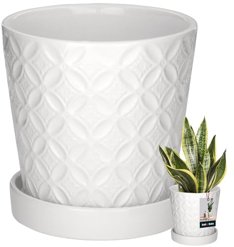 KOTARBAU® Pflanzentopf mit Untersetzer Weiß ⌀ 13 cm Höhe: 15 cm Glasierte Keramik Blumentopf Keramik groß Plant Pot Kaktus Topf mit Untersetzer Übertopf Blumentöpfe