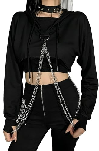 XKBHYD Gothic Crop Tops Hoodie Damen mit Kapuze und Kette Y2k Super Cropped Kapuzensweatshirt Bauchfrei Langarmshirt