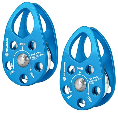 NewDoar Micro Mobile Pulley 30KN/6746lb Mobile Single Pulley Cheek Shaped for Max Rope 12mm Rope for Climbing, Rescue Lifting,Hitch Tending-Blue/2pcs