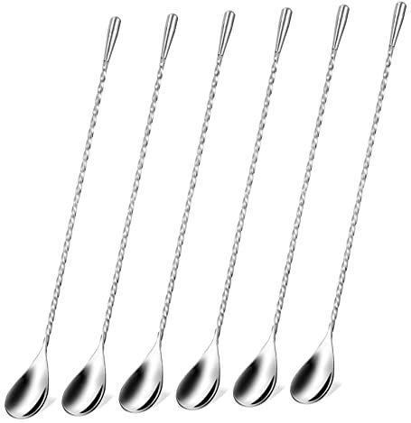 Mobestech 6pcs Long Stainless Steel Mixing Spoons Stirring Bar Cocktail Spoons for Bartender Accessories for Home Bar Kitchen Dessert Serving