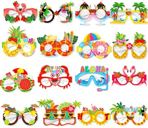 CUVZORA 16 Paar Hawaiian Lustige Party Brillen aus Papier, Hawaii Party Deko & Fotobox Accessoires, Sommerparty Requisiten für Kinder & Erwachsene, Luau Party Zubehör