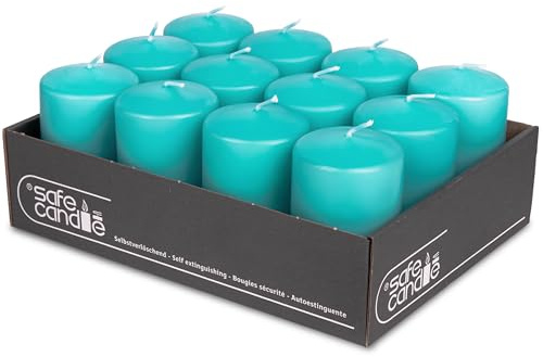 DecoLite Stumpenkerzen 10 x 6 cm, 36h Brenndauer, 12 Stück, Türkis | RAL-geprüft, Safe Candle selbstverlöschend, tropf- & rußfrei, ohne Duft, 12 Stück, 10 x 6 cm, 36 h