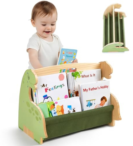 MHJY Estantería Libros Infantil Madera - Librería Montessori Doble Cara con Bolsillos de Tela, Organizador Juguetes Portátil con Asa, Mueble Almacenaje para Habitación Niño y Guardería