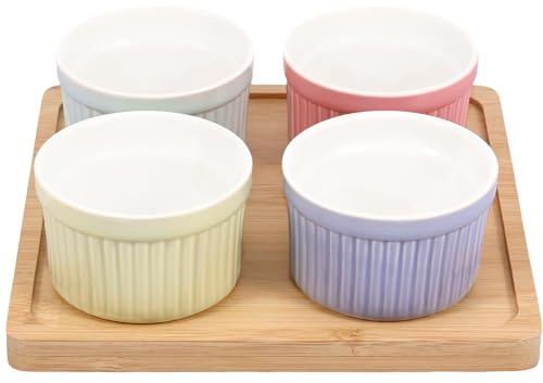 Lot de 4 ramequins en céramique avec plateau de 113 ml, petits bols de cuisson empilables for crème brûlée