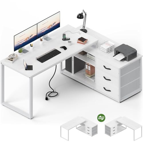 JUMMICO Bureau d'angle, 140x105cm, Réversible, 3 Tiroirs en Tissue, Blanc