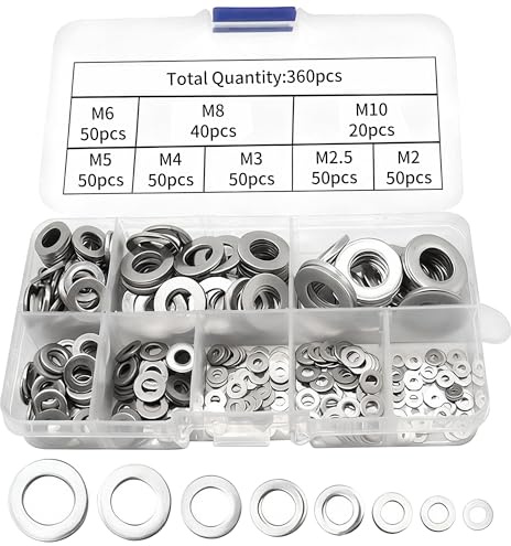 Washers for Screws, 360Pcs Stainless Steel Flat M2 M2.5 M3 M4 M5 M6 M8 M10 8 Sizes Metal Assorted for DIY Home Decoration Factories Repair Construction