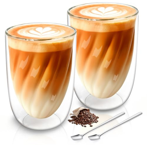 SILRIVES Double-Walled Latte Macchiato Glasses Set, 350 ml, 4 Glasses with Spoons, Borosilicate Glass, Modern, 8 x 10 cm, for Coffee, Cappuccino, Espresso (2 x 350 ml + 2 Spoons)