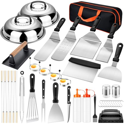 Csoravist 45PCS Griddle Accessories Kit, Professional Flat Top Grill Tools Set with Spatulas, BBQ Skewers, Burger Press, Meat Fork for Outdoor Barbecue