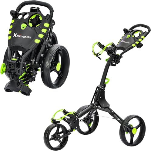 XDriveMax GC408 Folding Golf Push Cart, 3 Wheel Golf Trolley Lightweight Golf Bag Pull Cart Caddy Cart for Golf Clubs and Golf Bag with Cup Holder Scorecard Holder/Storage Compartment(Green) Pack