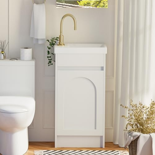 Mepplzian 400mm Floor Standing Bathroom Vanity Unit With Basin Ceramic Sink | Narrow Slim Waterproof Lacquered Vanity Unit with 2 Storage,Arched Design,Hidden Handle,1 Tap Hole Ceramic Basin,White