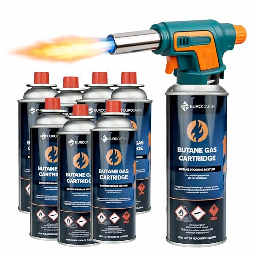 Eurocatch Soplete de Gas 1300°C - Encendido Electrico - Potencia Ajustable - Set con 8x Cartucho de Gas Butano 227g