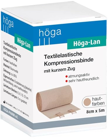 Höga-Lan Textilelastische Kompressionsbinde mit kurzem Zug - 8 cm x 5 m - hautfreundlich, atmungsaktiv, waschbar, 1 Binde