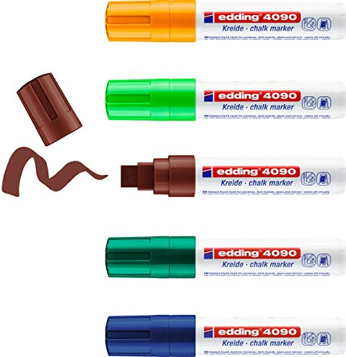 edding 4090 Kreidemarker - bunte Farben - 5 Stifte - Keilspitze 4-15 mm - breiter Kreidestift für Tafel abwischbar - zum Beschriften von Fenster, Glas, Spiegel - Tafelstift mit deckenden Farben
