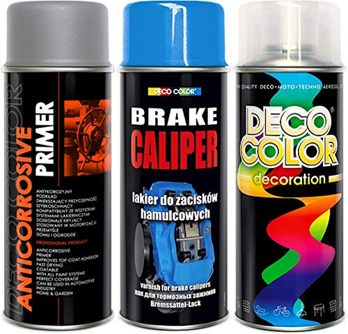 Deco Color Brake Caliper Deluxe 3 Items KIT Drum Primer Paint Protective Clear Coat Spray Gloss Moto Sport CAR Tuning Vehicle (Blue Deluxe kit)