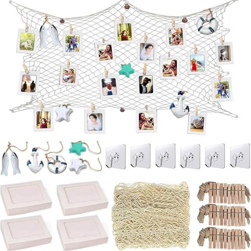 Fashion HW Weißes Fischernetz mit weißen 40 Papier-Bilderrahmen, Wanddekoration, passend für 15,2 x 10,2 cm, für Schule, Zuhause, Party, Erinnerungen, zum Aufhängen an Wänden, Bilder mit Clips-Set