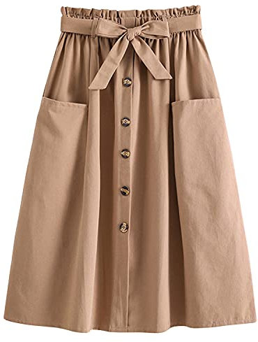 Runstarshow Dam vardaglig hög midja veckad A-linje kjol enfärgad elastisk midja midi-kjolar med fickor, Khaki, en storlek