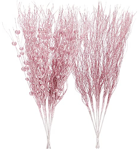 Sea Team 12-Pack Artificial Glitter Berry Stem Ornaments, Decorative Bead Sticks, Glittery Twigs, Picks, Branches for Christmas Tree, Small Vase, Holiday, Wedding, Party (17 Inches, Pink)