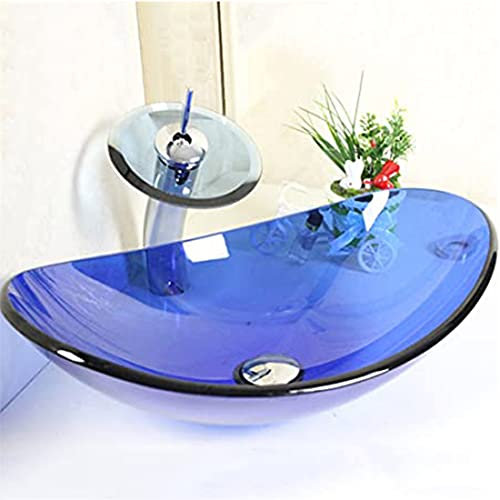 XYEJL Bathroom Vessel Sink Bathroom Wash Basin Tempered Glass Above Counter Basin Bathroom Art Basin Glass Wash Basin Vessels with Waterfall Tap, for Cloakroom Home Hotel,A