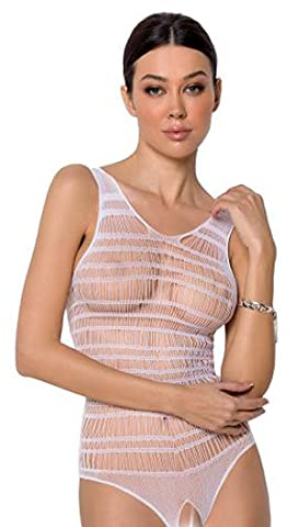Weißer ouvert Body Damen Dessous Netz Body im Schritt offen S/L