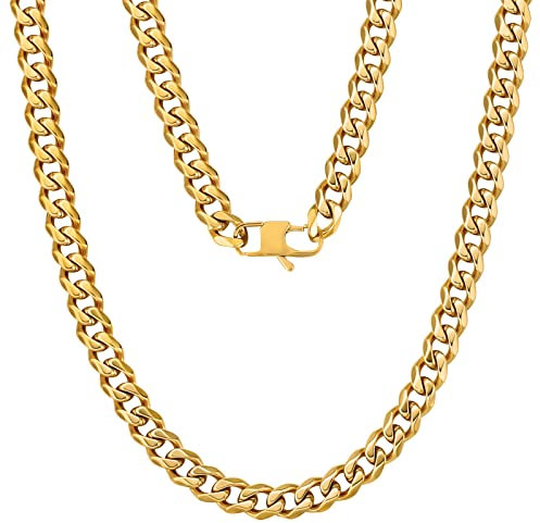 KRKC&CO 9mm Edelstahl Cuban Link Chain, 18K Gold beschichtet Panzerkette für Herren, Herren Panzerkette Edelstahl Goldketten Cuban Chains, Hip Hop Kette für Männer Jungen, Länge 55,9cm
